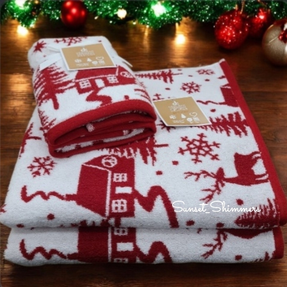 x4 Deborah Connolly Cozy Cabin  Snowflake Reindeer Christmas Bath Hand Towel Set